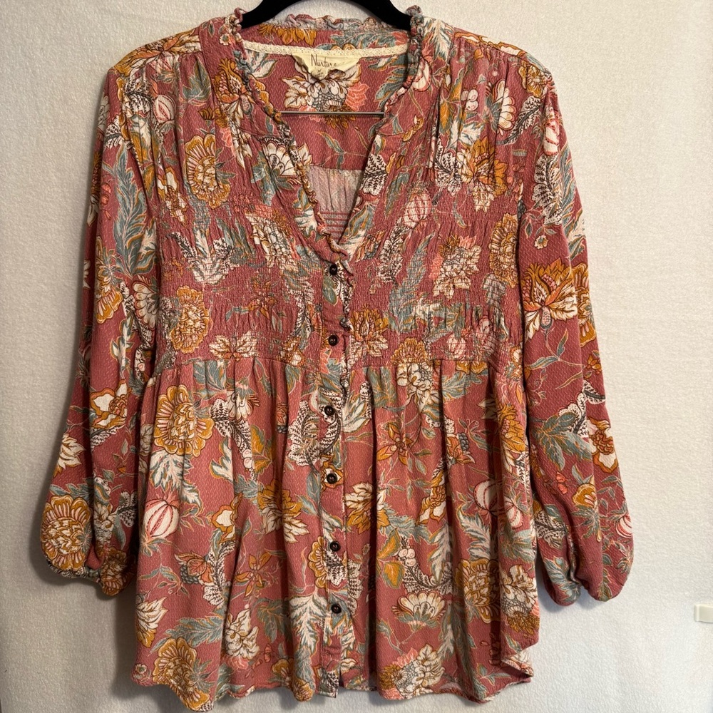 Westbound Floral Blouse Elastic Smocked Neutral Tones Bohemian Farmhouse